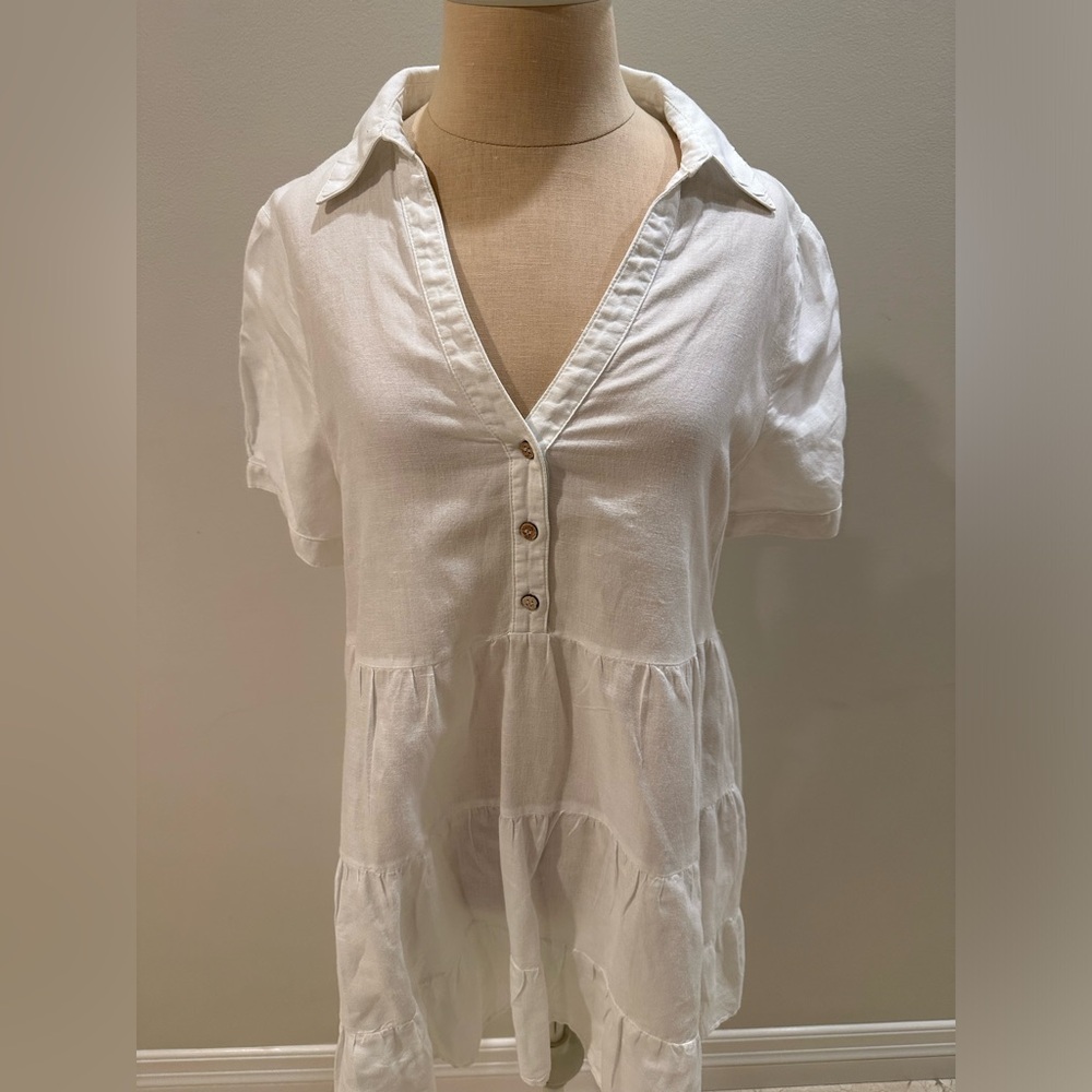 ZARA LINEN BLEND V-NECK, MINI DRESS SHIRT, SIZE M
